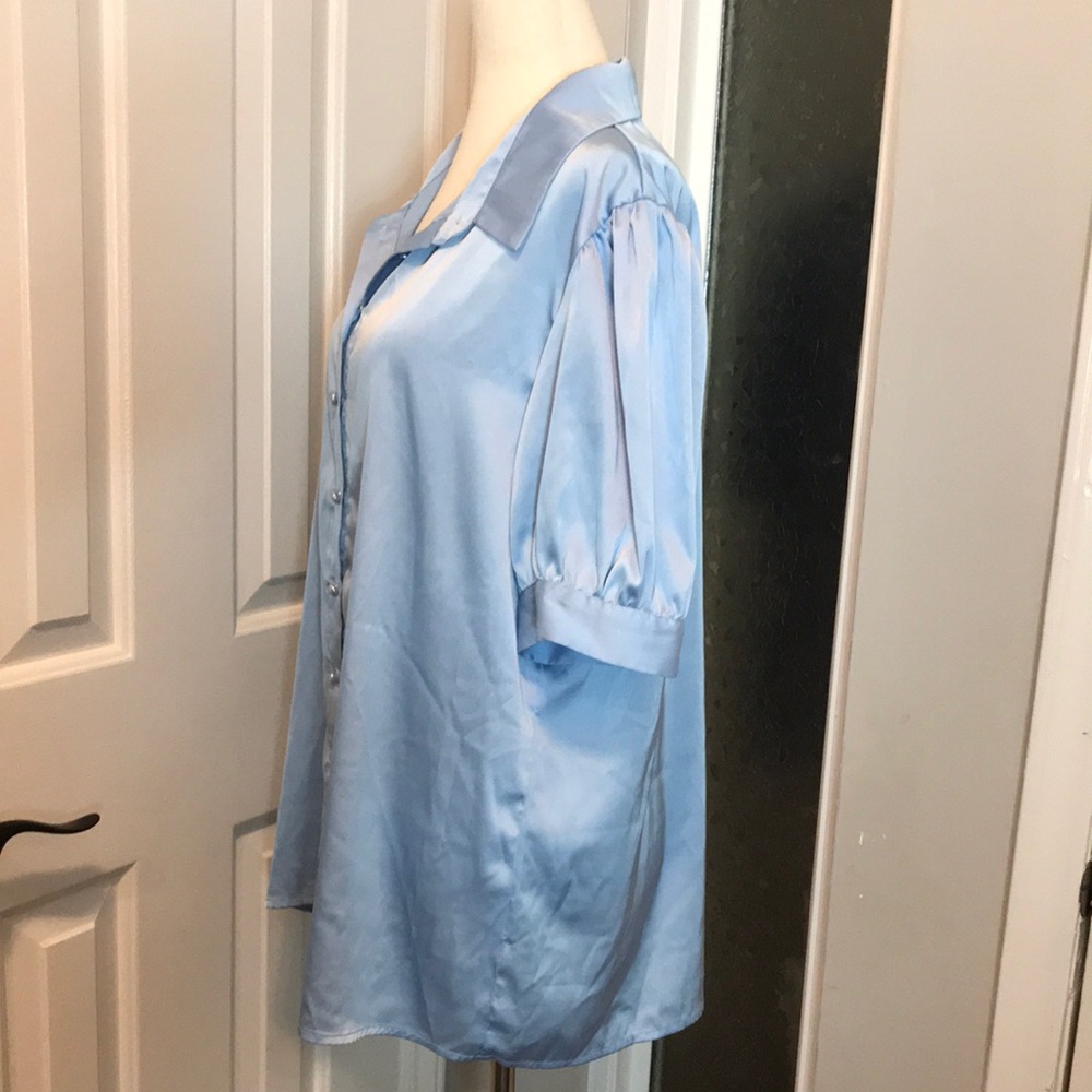 NWOT~ Puff Sleeve Baby Blue Satin Button-Up Blouse - Picture 5 of 7